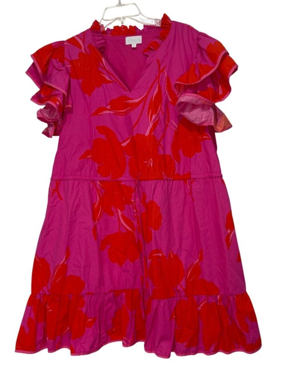Sugarlips Hot Pink Orange Floral Ruffle Sleeve Tiered Cotton Mini Dress 2X